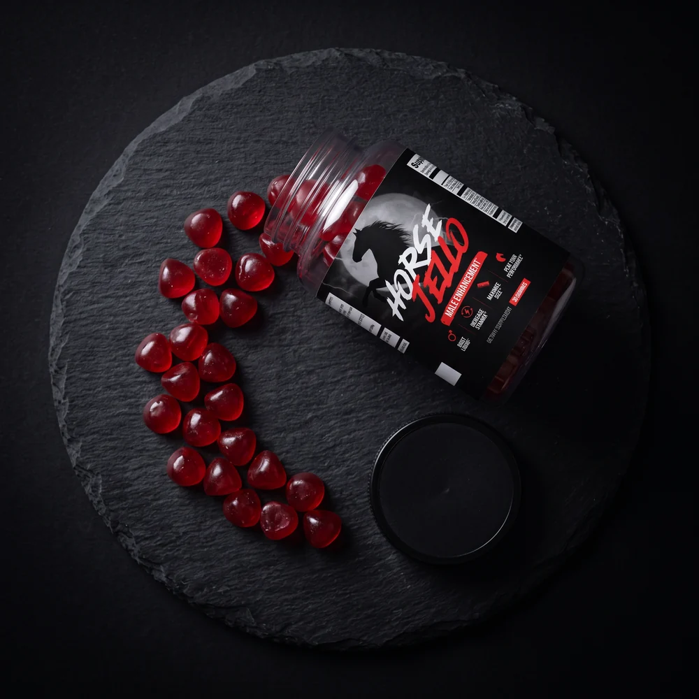 Horse Jello&reg; jar on dark rock