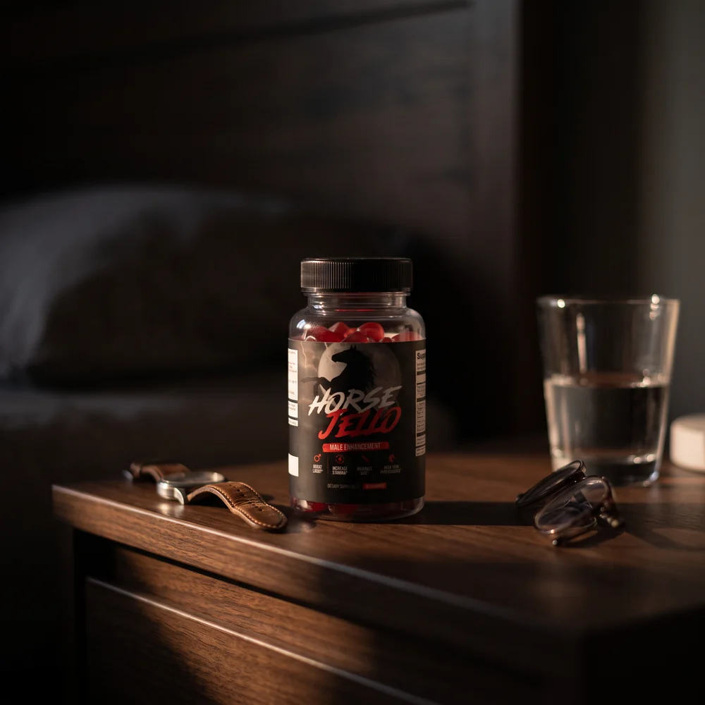 A jar of Horse Jello&reg; on a nightstand at dawn