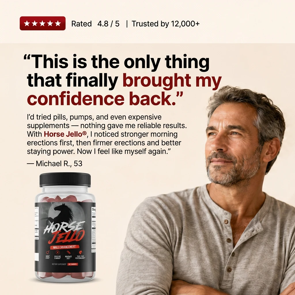 Rated 4.8 out of 5, trusted by 12,000+. &ldquo;This is the only thing that
                  finally brought my confidence back.&rdquo; I&rsquo;d tried pills, pumps, and even
                  expensive supplements &mdash; nothing gave me reliable results. With Horse
                  Jello&reg;, I noticed stronger morning erections first, then firmer erections and
                  better staying power. Now I feel like myself again. &mdash; Michael R., 53.